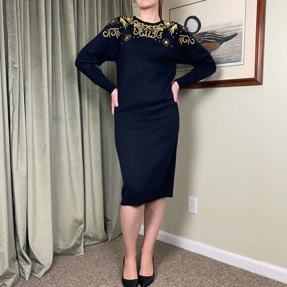 Vintage 80s Black Sweater Dress Long Sleeve Gold Embroidery Beads